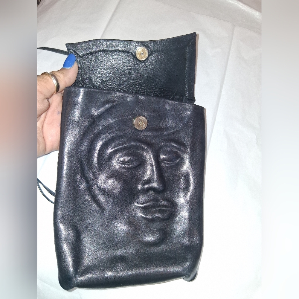 Black Embossed Face Leather Crossbody Bag - Picture 3 of 8